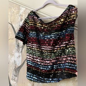 •Asymmetrical•one shoulder•rainbow stripe•sequins top•Sz‎ Medium